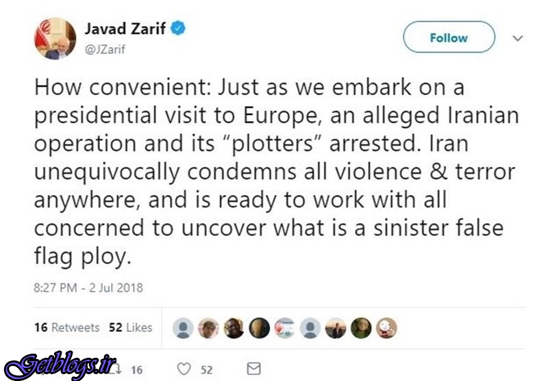 واکنش ظریف به ادعای رسانه‌های غربی راجع به بازداشت دیپلمات ایرانی در اروپا